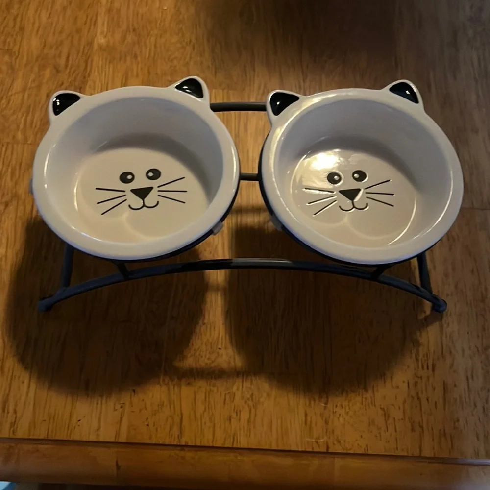 Adorable kitty raised ceramic bowls with iron stand.